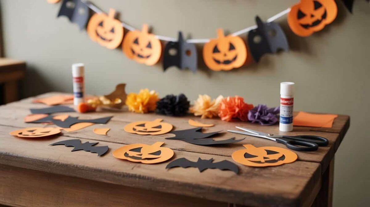 A photograph of a simple, rustic table setup displaying autumnal craft supplies for a Halloween-themed activity. Scattered across the aged wooden tabletop are orange and black card cutouts shaped like pumpkins and bats, alongside colorful tissue paper scraps, a few glue sticks, and a pair of silver scissors. Hanging gently in the blurred background is a finished garland of the cutouts, Soft, natural light illuminates the table, highlighting the textures of the materials and creating a warm, inviting atmosphere.