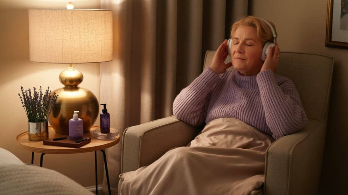 a bedroom corner lit warmly with a lamp, blanket and lavender hand cream on bedside table, and a elderly sitting in cozy arm chair with headphones on listening to calming music with eyes closed