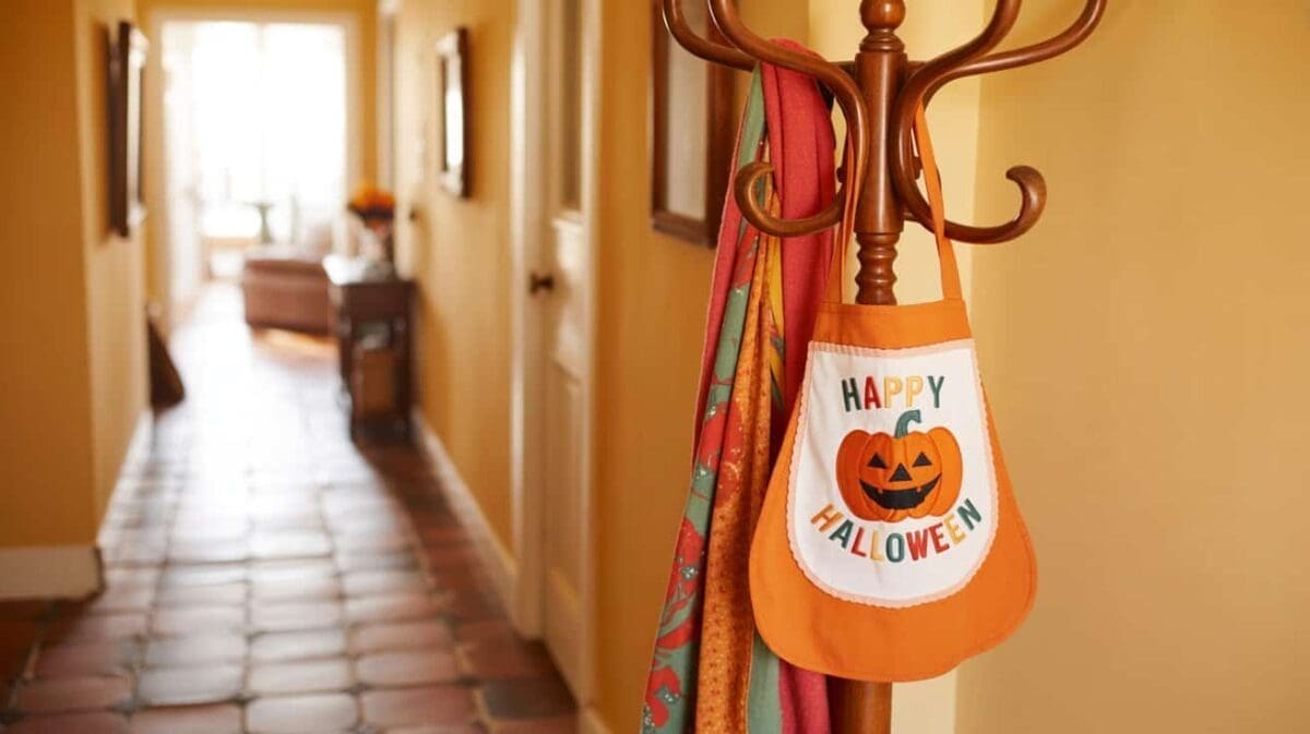 A hallway with a coat stand holding bright scarves and a cheerful pumpkin apron, softly lit with warm light