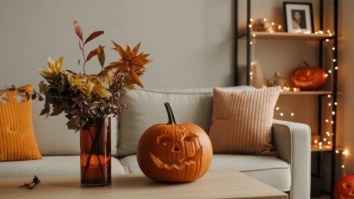 A simple living room decorated gently for halloween — one carved pumpkin on a table, a vase of autumn leaves, and warm fairy lights on a shelf. Familiar everyday objects like cushions and a framed photo are visible alongside the seasonal touches.