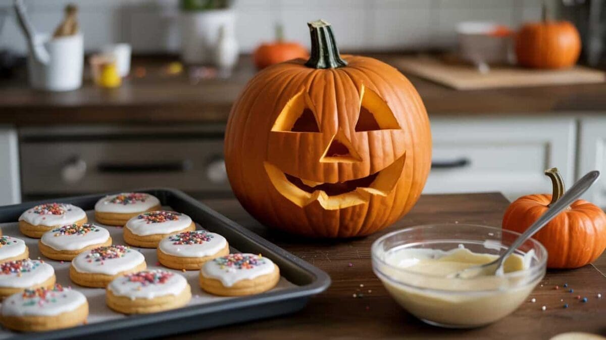 A kitchen table mid-activity, half-painted pumpkin, a tray with iced biscuits and sprinkles, and a spoon resting in a bowl of icing. The scene feels unfinished, suggesting short, simple bursts of activity.