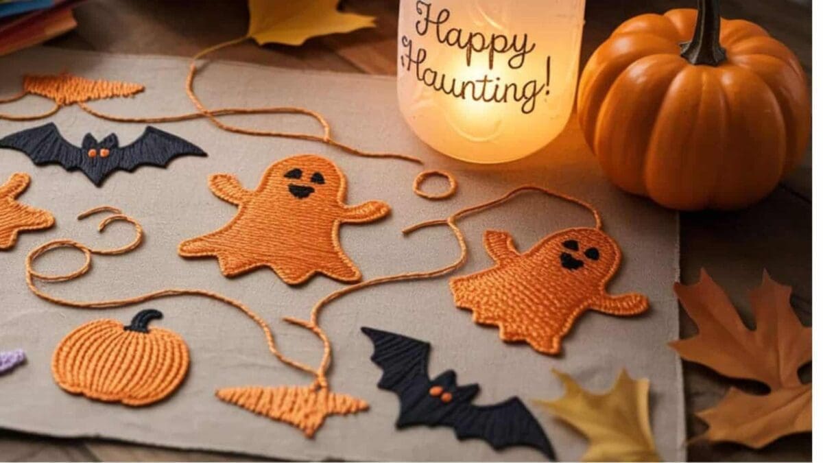 A charming Halloween greeting fabric intricately embroidered designs stitched in vibrant orange yarn, featuring playful ghosts, pumpkins, and bats, scattered across a rustic wooden table. The table also displays a collection of crafting tools – glitter, vintage scissors, and colorful fabric scraps – alongside a softly glowing mason jar lantern casting a warm, inviting light, with the text "Happy Haunting!" elegantly stitched in a looping cursive font. The color palette combines warm oranges, creams, and browns with subtle hints of deep purple and black to evoke a cozy, autumnal feel, while the interior features a coordinating pattern of embroidered leaves and ample space for a personalized message. The overall design exudes a whimsical, handcrafted aesthetic perfect for sending Halloween wishes to friends and family, blending nostalgia with a touch of spooky fun.