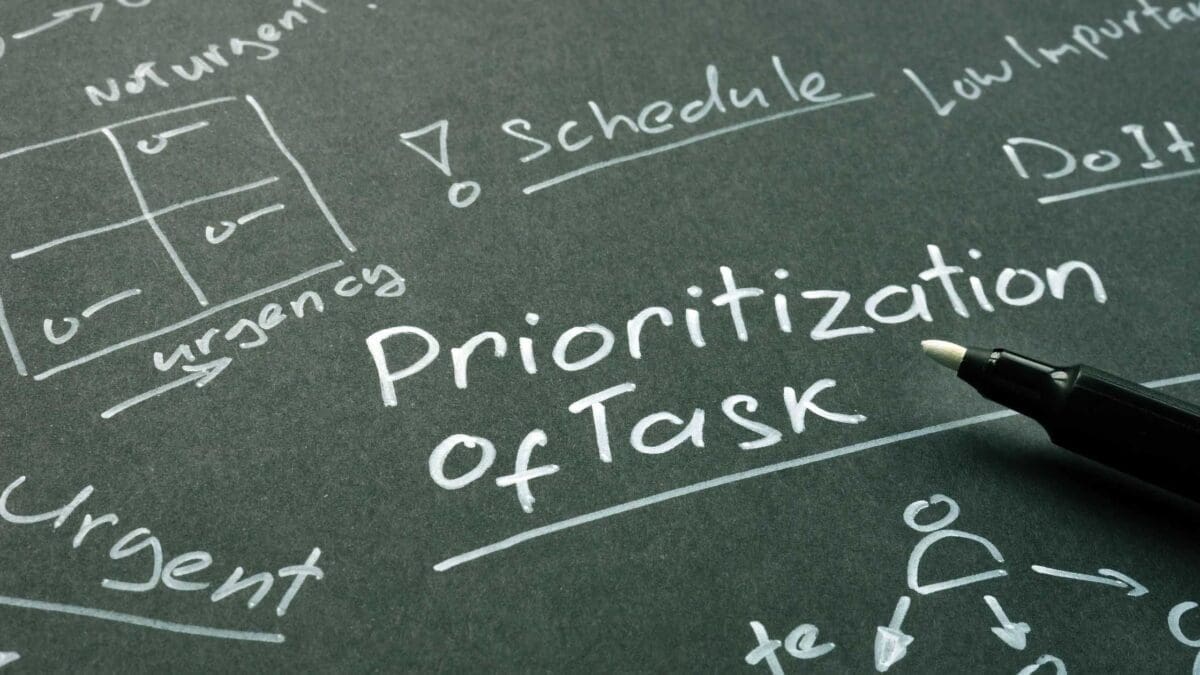 Pen on a blackboard with the words prioritization