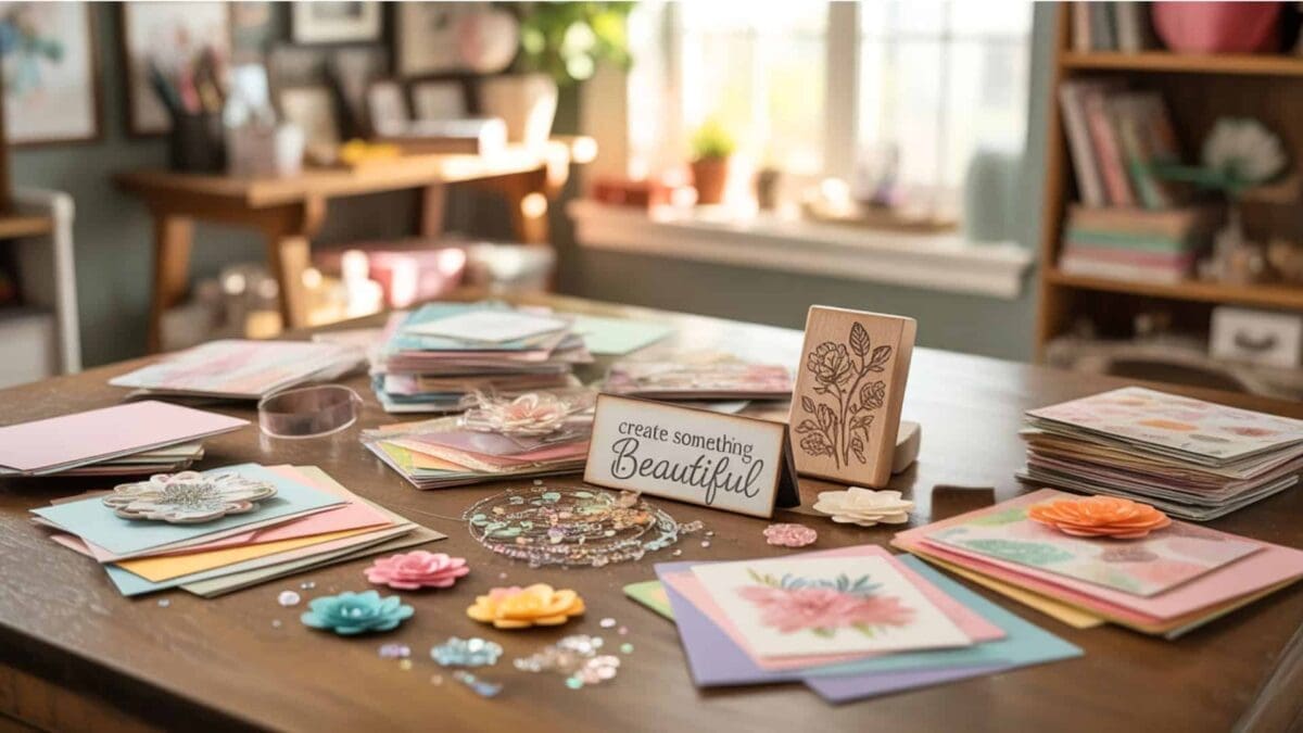 A photograph of a wooden table covered in an assortment of card crafting supplies, inviting creativity. Scattered across the surface are stacks of patterned cardstock, colorful ribbons, shimmering sequins, and various decorative paper flowers