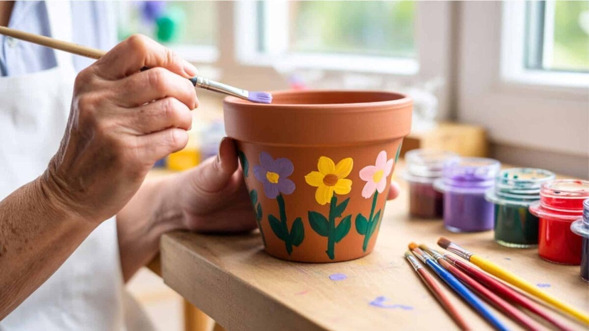 A close-up photograph of elderly hands painting a terracotta flower pot on a wooden work surface. The pot features hand-painted simple flowers in purple, yellow, and pink colors with green leaves. A paintbrush is being used to add details to the design. In the background