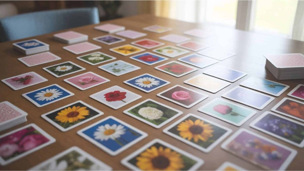 a dementia‑friendly memory matching playing card game in progress on a wooden table. Colourful playing cards are scattered randomly in an organised manner. Some are face‑up, showing vivid, high‑resolution photographic images of real flowers such as daisies, roses, and sunflowers in matching pairs