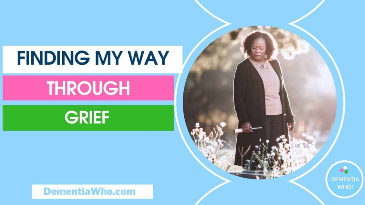 a British African caregiver reflecting on their journey through grief after the loss of their mother. The caregiver, a middle-aged British African woman, stands surrounded by wildflowers overlooking a grave.