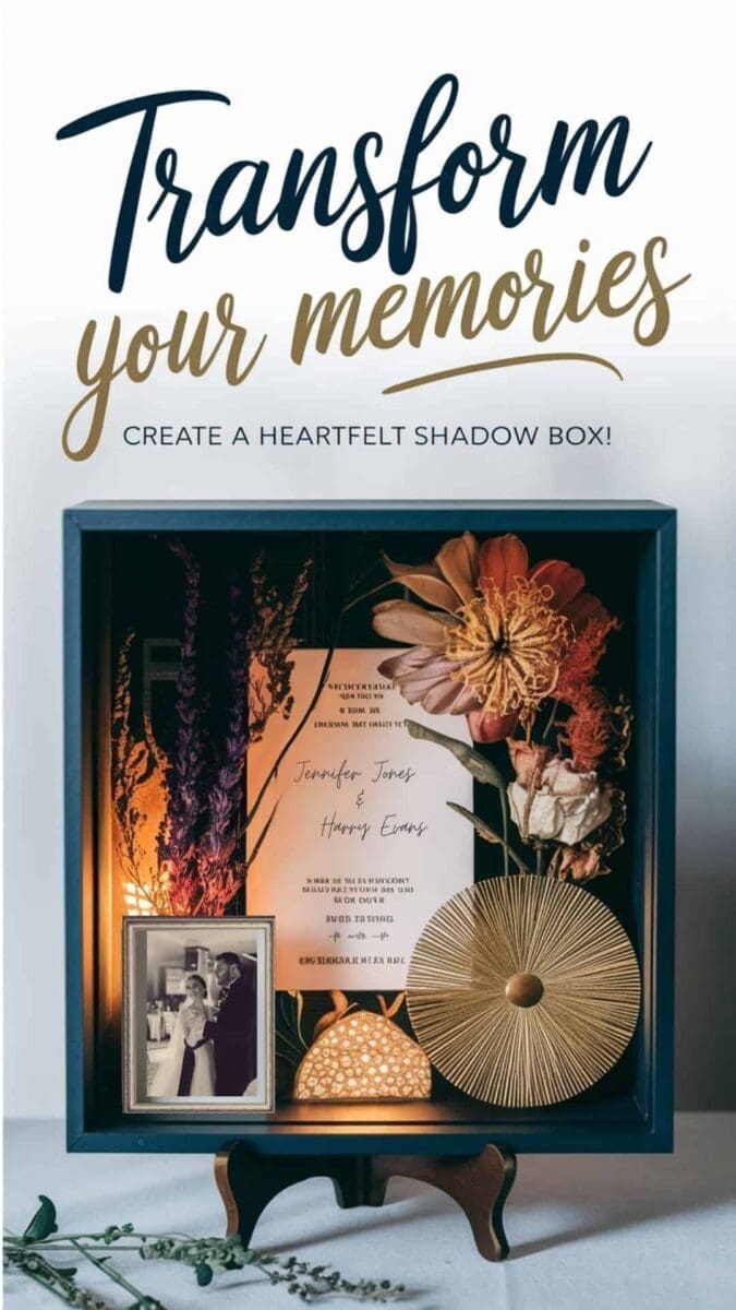 A beautifully arranged shadow box featuring sentimental items like a wedding invitation, dried flowers, and a photo, illuminated with soft, warm lighting. Text Overlay: Text: "Transform Your Memories" Subtext: "Create a Heartfelt Shadow Box!"