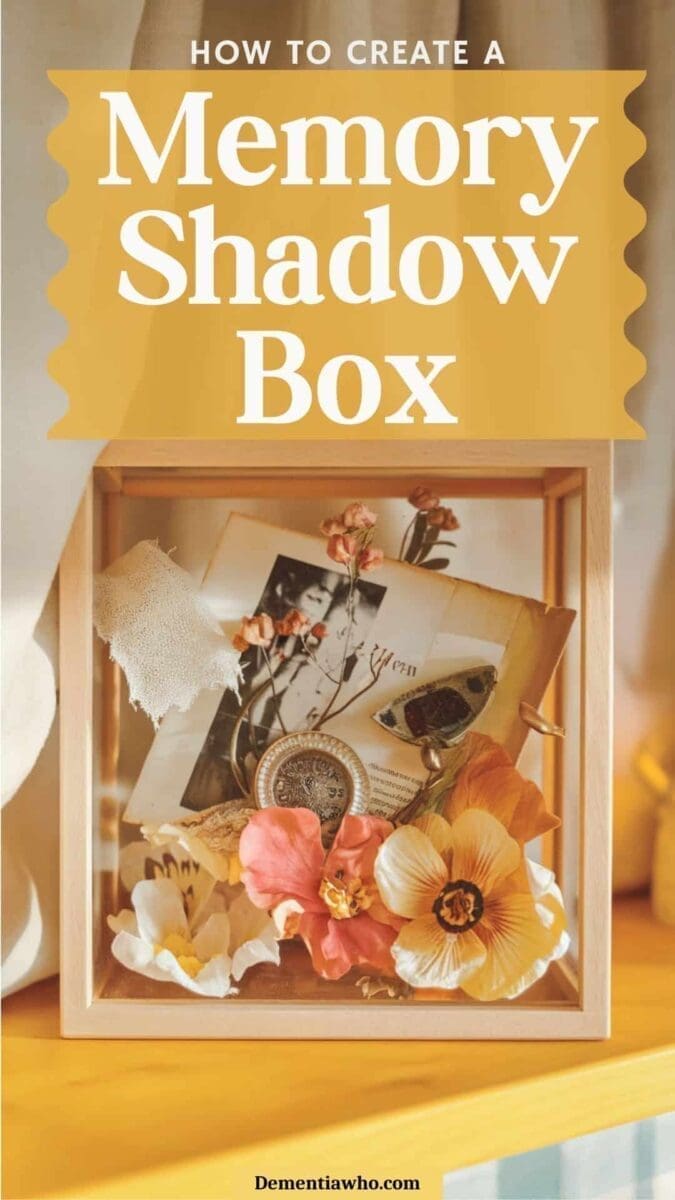 A bright, realistic photo of a memory shadow box. The shadow box is a wooden-framed, glass-front display case filled with meaningful keepsakes. Inside, there's an old photograph, a small piece of fabric, pressed flowers, and a vintage ring. These items are thoughtfully arranged with some layered and overlapping, giving depth to the display. The background is a soft, neutral fabric that enhances the visual appeal. The lighting is warm and inviting, emphasizing the nostalgia and emotional connection to the keepsakes. The setting is a bright cozy wooden shelf, with a softly blurred background. There's a text overlay that reads "How to Create A Memory Shadow"