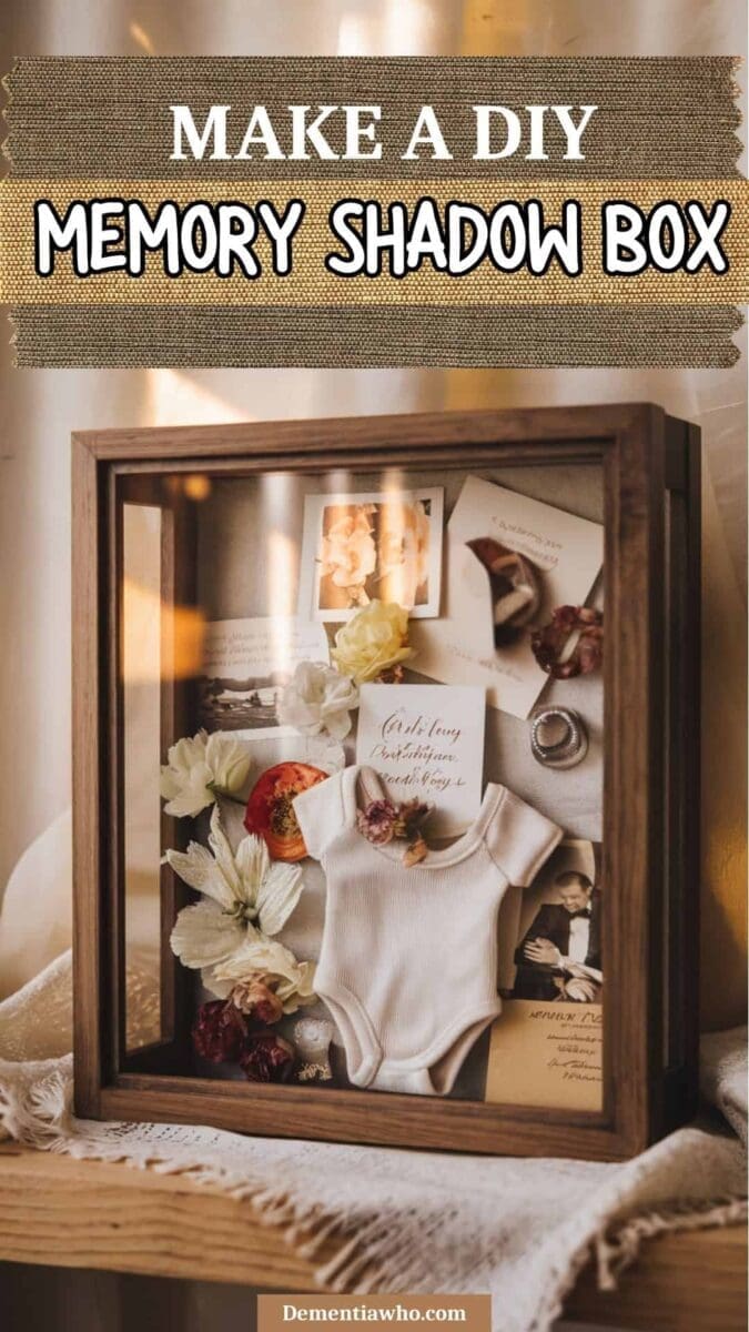 A realistic image of a beautifully crafted memory shadow box. The shadow box is a wooden-framed, glass-front display case, filled with meaningful keepsakes that represent cherished memories. Inside, there is a mix of sentimental items such as old photographs, a baby onesie, pressed flowers, a vintage ring. These items are arranged thoughtfully with some layered and overlapping, giving depth to the display. The background is a soft, neutral fabric. The lighting is warm and inviting, emphasizing the nostalgia and emotional connection to the keepsakes. The setting is on a cozy wooden shelf or table, with a softly blurred background Text overlay reads "Make a DIY Memory Shadow Box"
