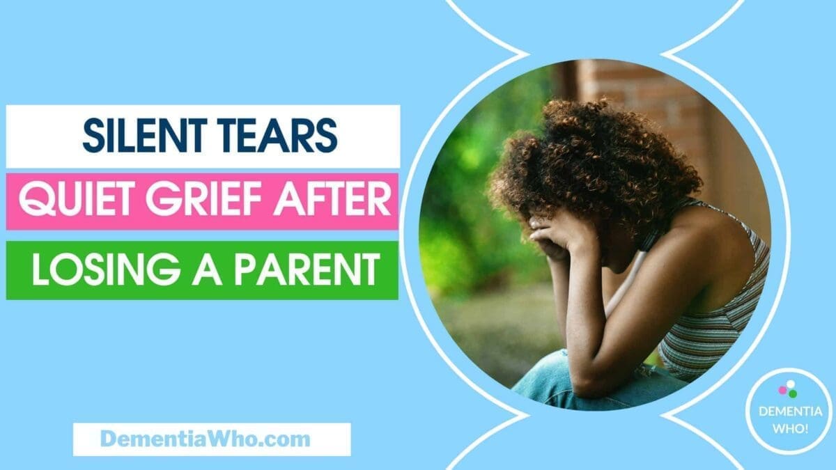 A grieving Black woman sits outdoors with her head in her hands, wearing a striped top and jeans. The text on the left reads “Silent Tears – Quiet Grief After Losing a Parent.”