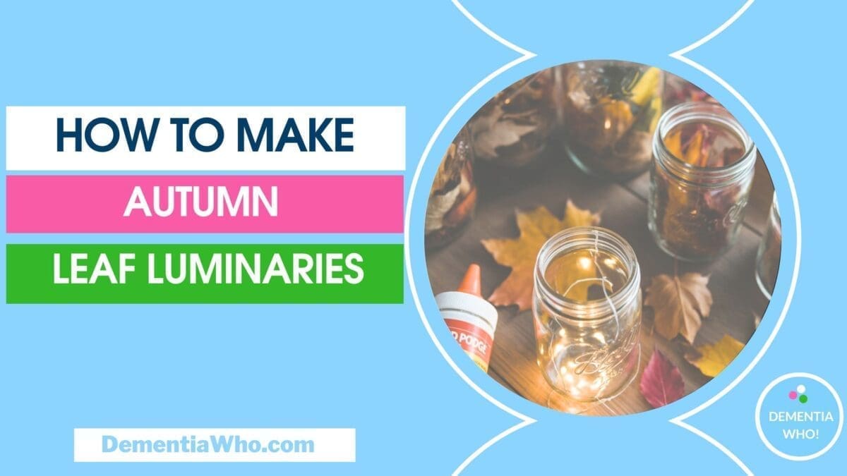 An image titled How to Make Autumn Leaf Luminaries with a close-up photograph of two illuminated frosted white glass mason jars decorated with autumn-themed designs - leaves. The jars contain fair lights that cast a warm glow.