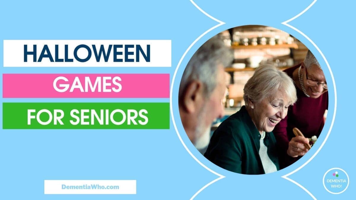 A blue poster with the words Halloween Games for Seniors in large font, to the right is a circle with a photo of smiling woman