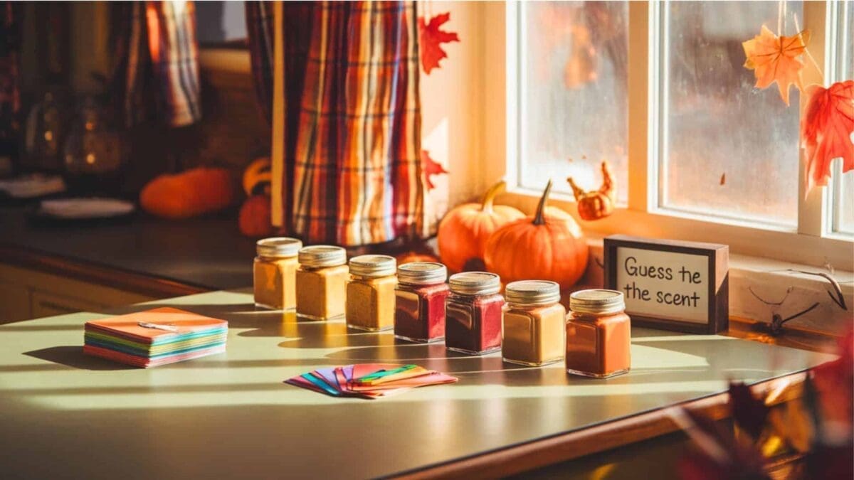 A halloween decorated table with a row of mixed colour jars and coloured papers and pen on it for a game of guess the scent