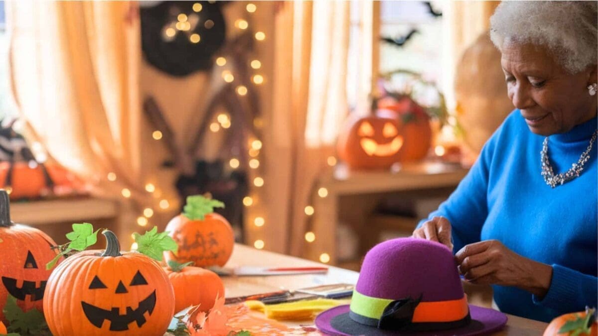 Eldery person making a hat with halloween crafting items around her