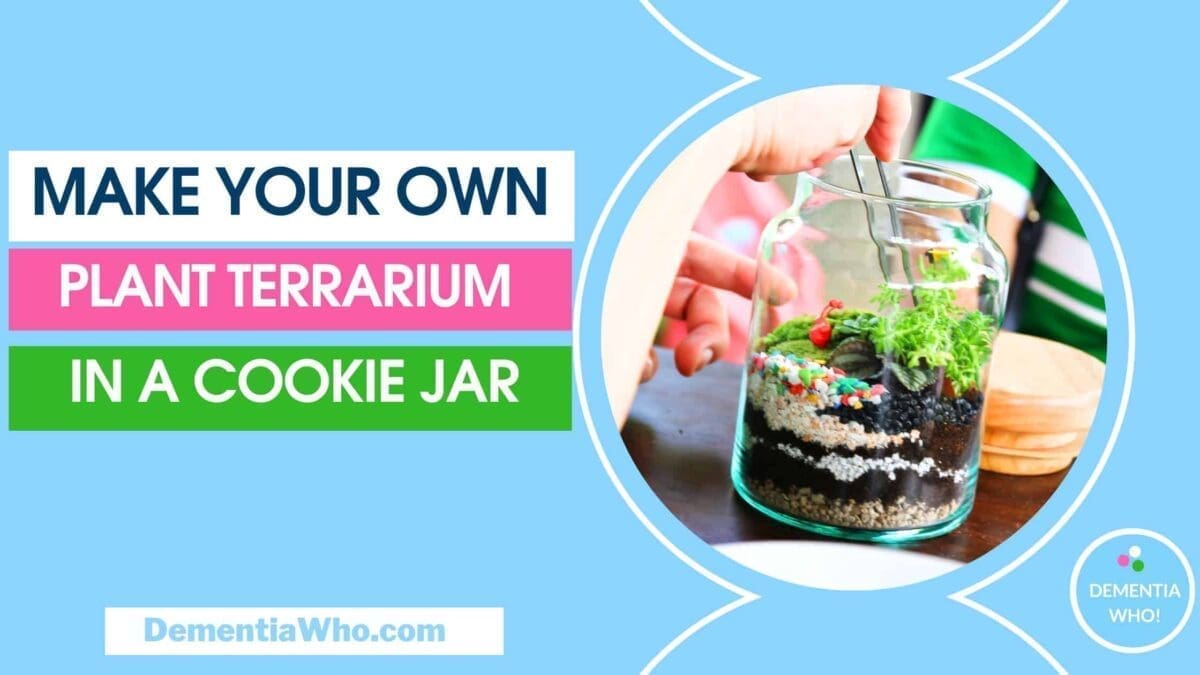 A blue poster with the words "make your own plant terrarium in a cookie jar" and to the left of that is a circle with an image of a hands planting a green plant in a glass terrarium