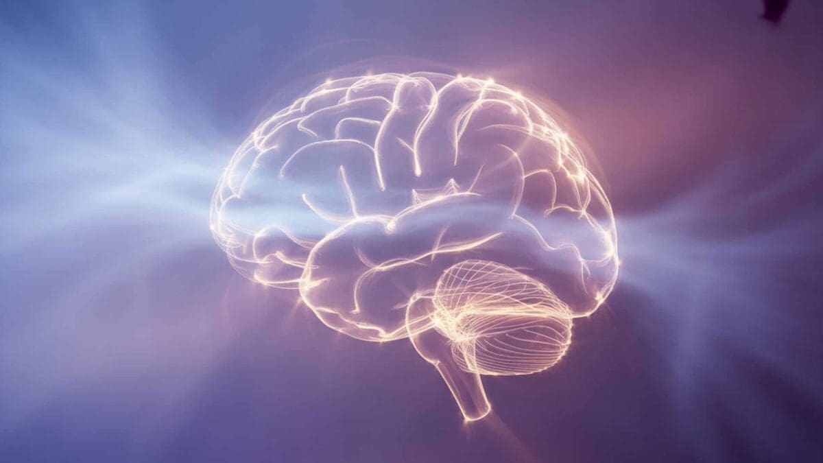 An abstract outline of a brain made of glowing white light trails, with one area fading softly into mist, set against a soft blue-to-purple gradient background.