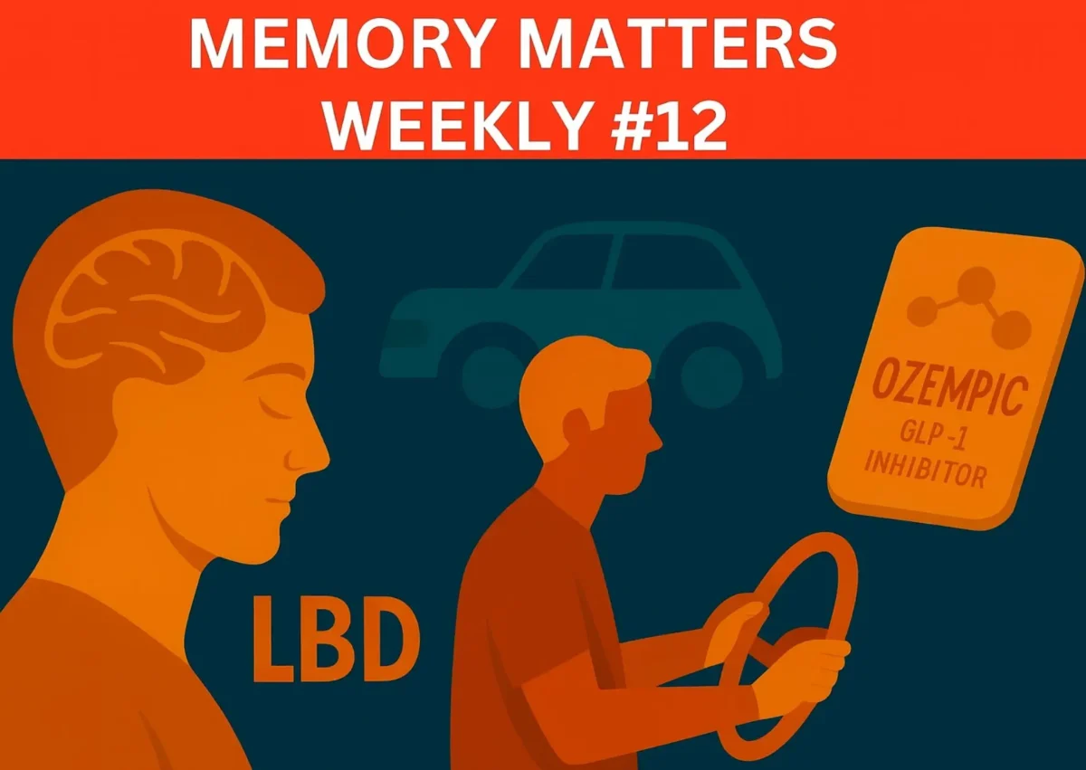 Digital illustration in teal and orange. Text reads “Memory Matters Weekly #12.” Images show three themes:side profile of a person with a simplified brain above the letters “LBD” for Lewy body dementia; a person holding a steering wheel with a car silhouette behind them to represent driving behaviour and cognitive change; and a tablet-shaped image labelled “Ozempic GLP-1 Inhibitor” to reflect ongoing research into semaglutide and dementia risk.