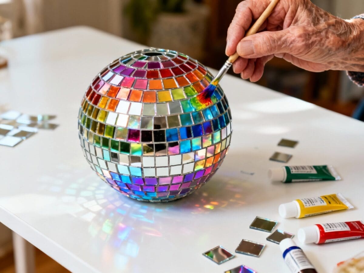 n adult aged hand is painting each individual mirror tile with coloured paint using a small paintbrush,