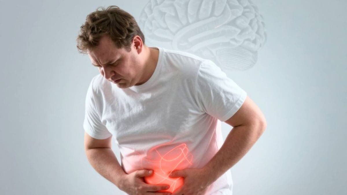 An overweight man in profile or three-quarter view, holding his stomach with both hands, looking downward with realization or worry. His stomach area is highlighted with a subtle red/orange glow or warning indicator overlays. Behind/above him, a faint silhouette of a brain appears shadowy and concerning