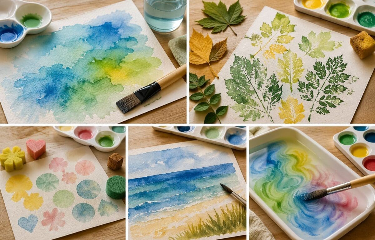 The image is divided into 4–5 gentle sections showing: flowing colour washes blending on wet paper, leaf prints in greens and yellows, simple sponge stamping shapes, a partially painted abstract “sea” scene in blues, and a shallow tray with watercolour swirling through water.